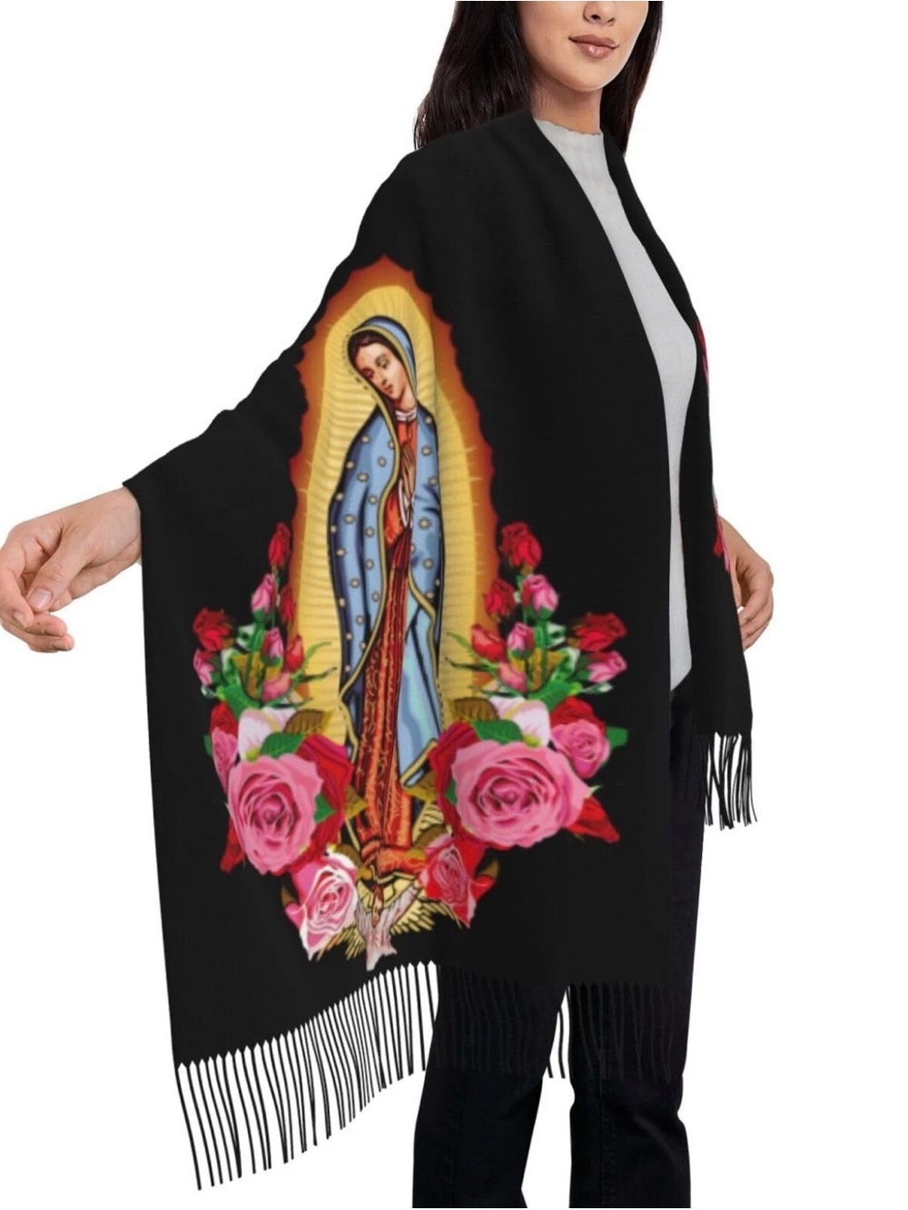 Black Virgin of Guadalupe Floral Fringe Shawl
